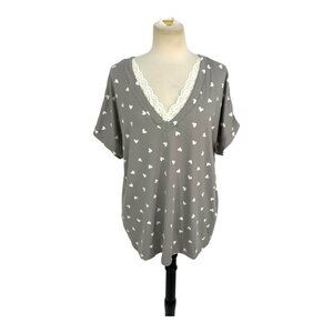 Anne Klein Heart Print V Neck Short Sleeve Lounge Top Size Large NWOT